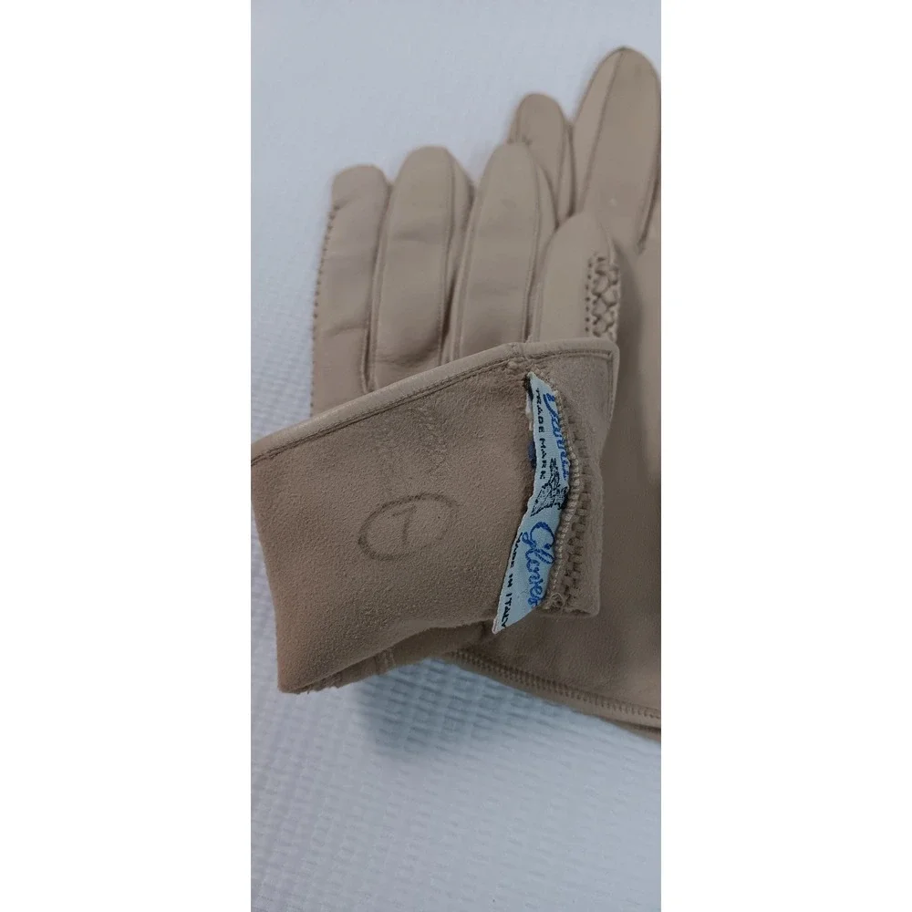 Bovia Leather Gloves Made in Italy Tan Braided Trim Small Size 7